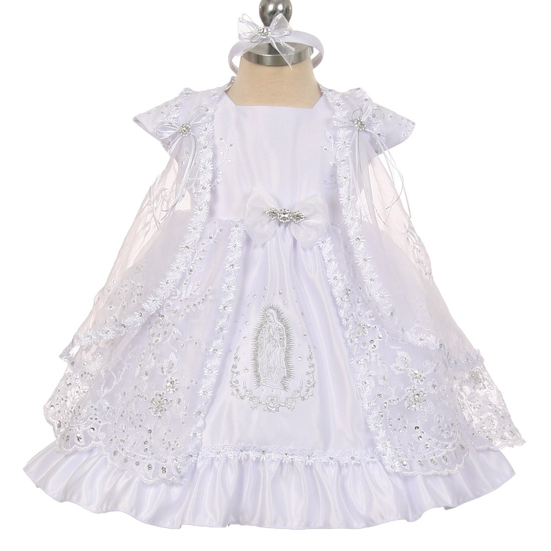 Baby Girls White Virgin Mary Embroidery Cape Baptism Dress 0-24M