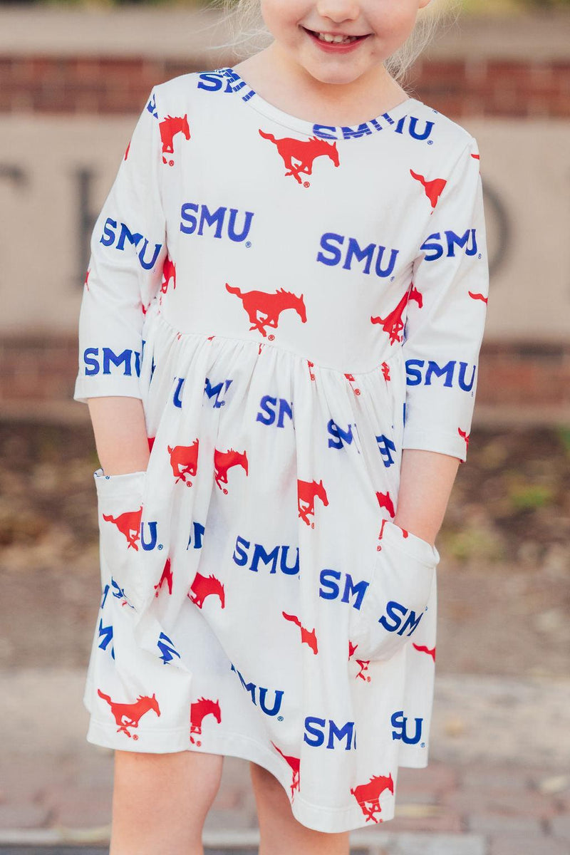 SMU White Mustang 3/4 Sleeve Pocket Twirl Dress
