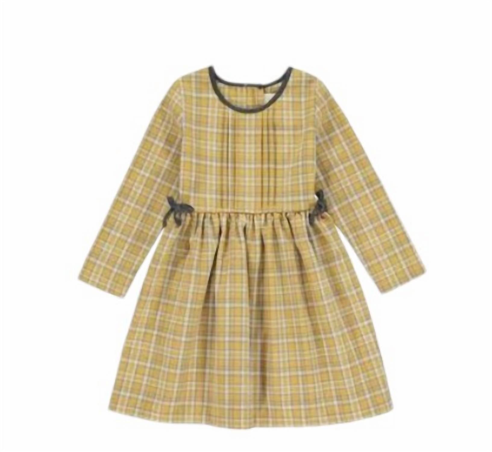 Girl's Pearl Plaid Dress In Gold & Grey