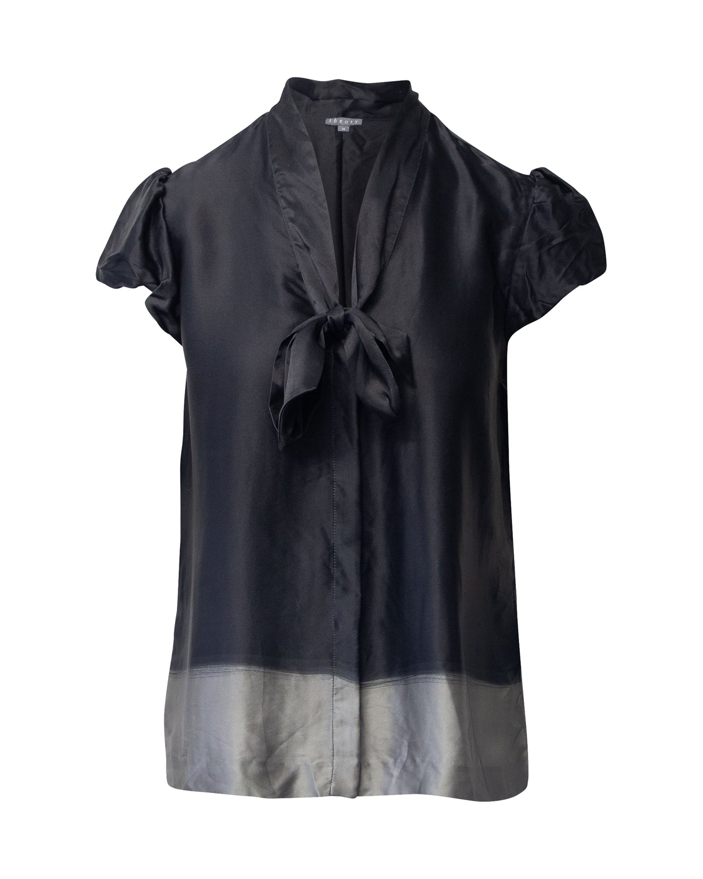 Theory Tie Front Blouse with Puff Sleeves in Grey Silk