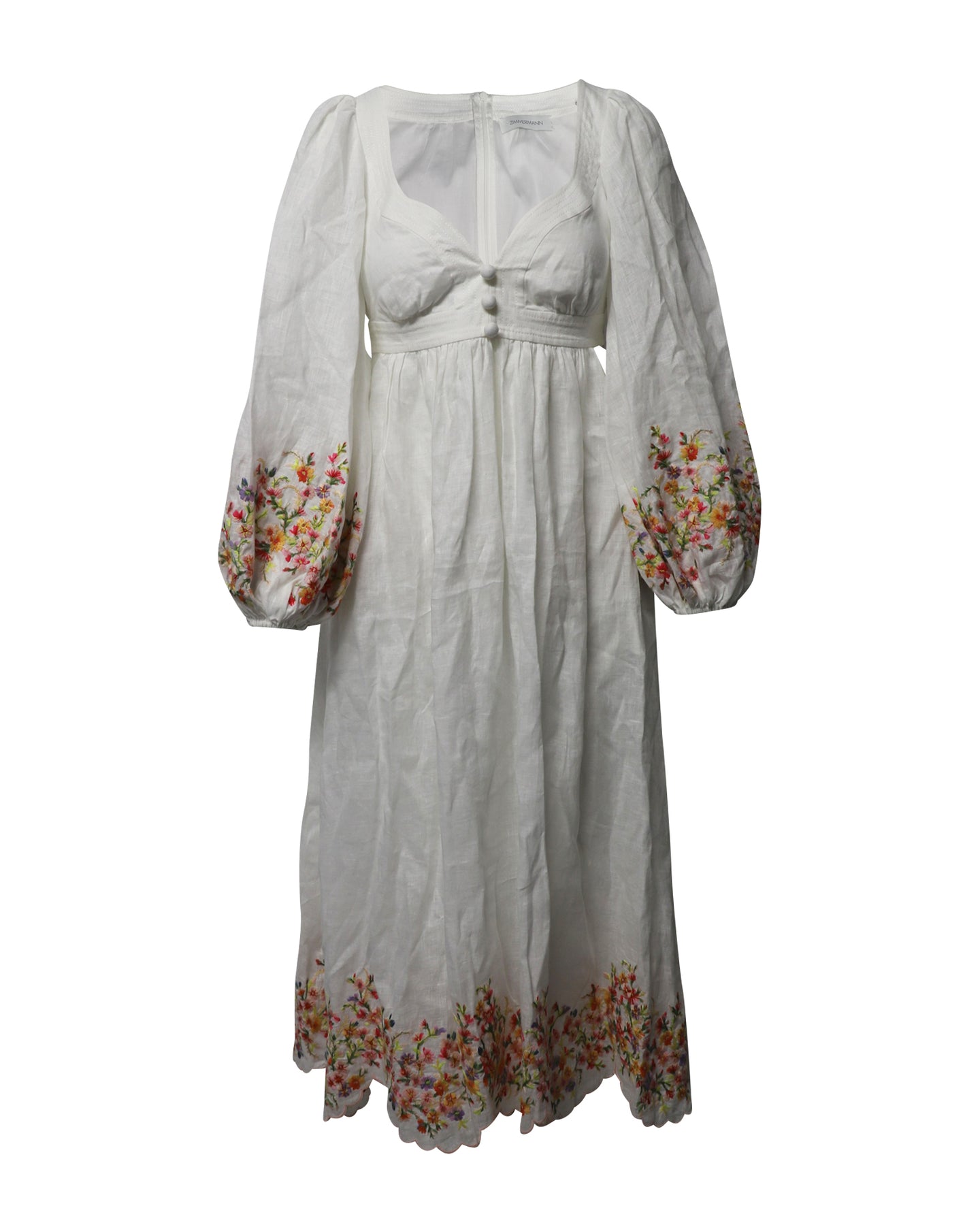 Zimmermann Mae Floral Midi Dress in White Linen