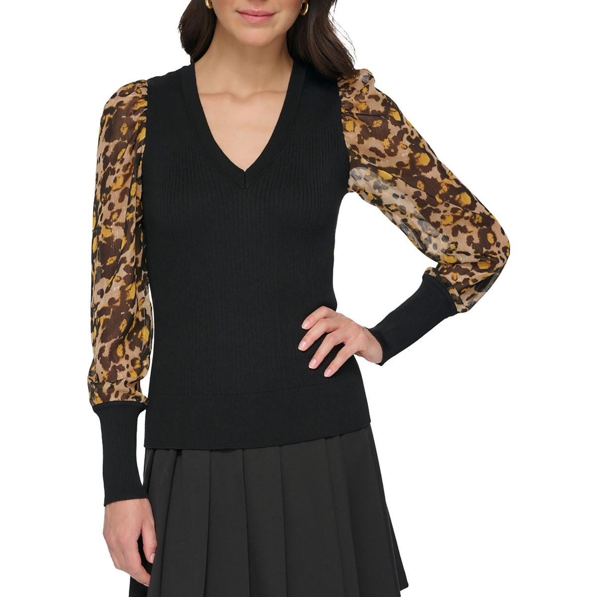 Chiffon Trim Metallic V-Neck Sweater