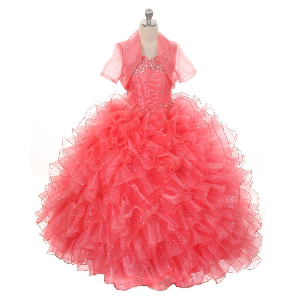 Big Girls Coral Sequin Sparkly Ruffle Bolero Pageant Dress 8-14