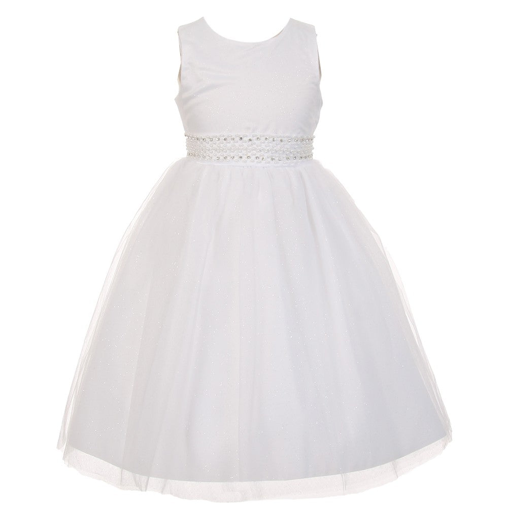 Big Girls White Sparkly Tulle Pearls Occasion Dress 8-16