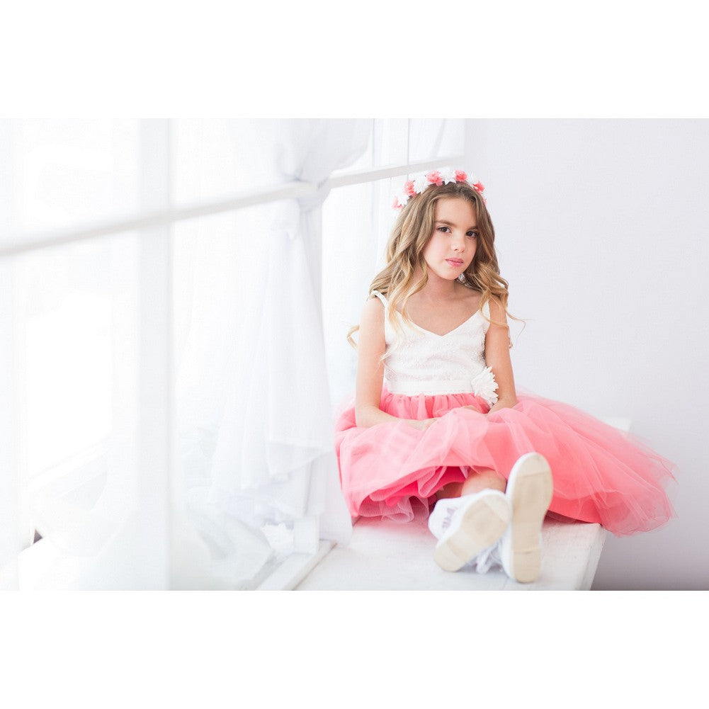 Big Girls Coral Ivory Beaded Lace V-neck Special Occasion Dress 8-12