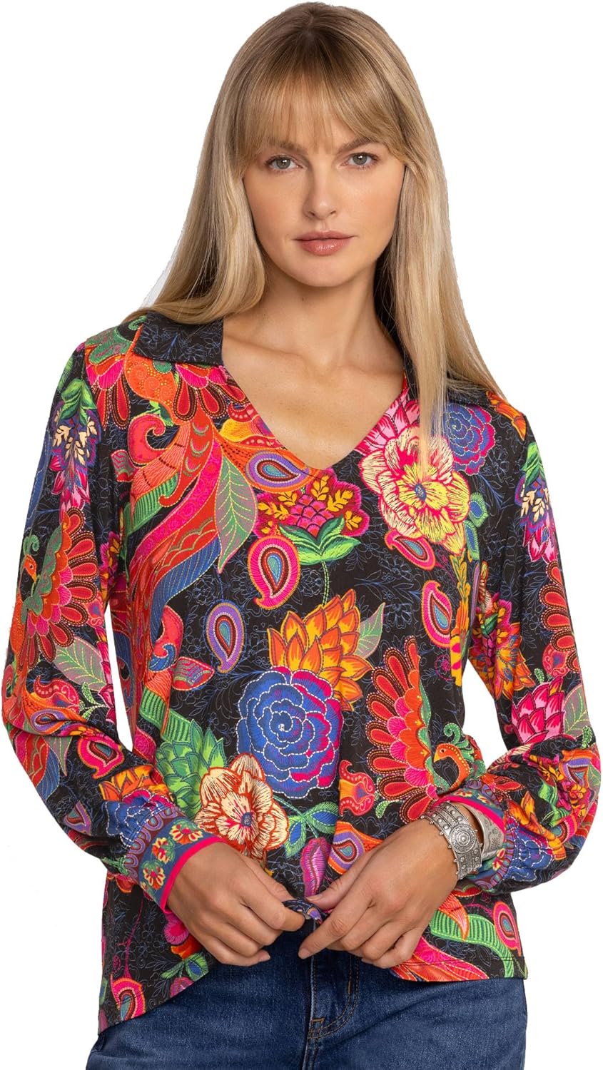 Johnny Was Women's The Janie Favorite Puff Sleeve Polo, Emberwing 7826900156476