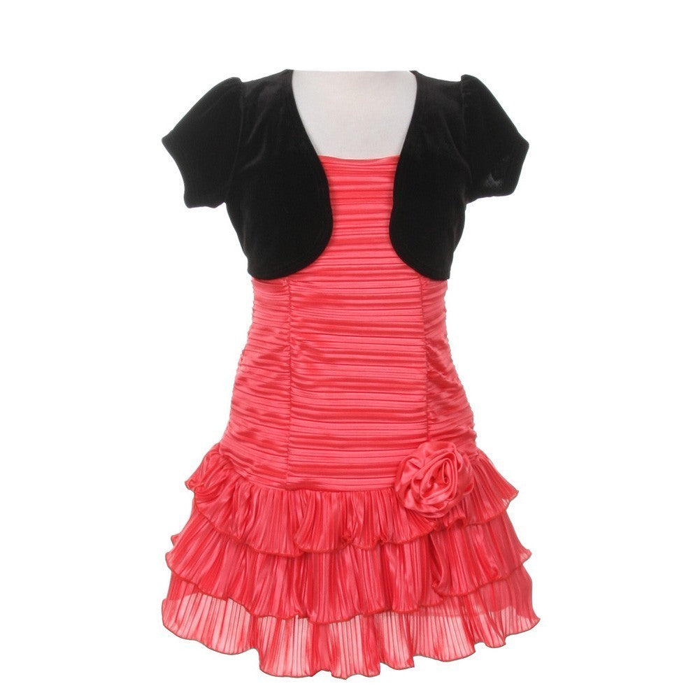 Little Girls Coral Black Pleated Tiered Velveteen Bolero 2 Pc Dress Outfit 2-6
