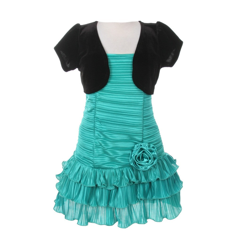 Girls Jade Black Pleated Tiered Velveteen Bolero 2 Pc Dress Outfit 2-8