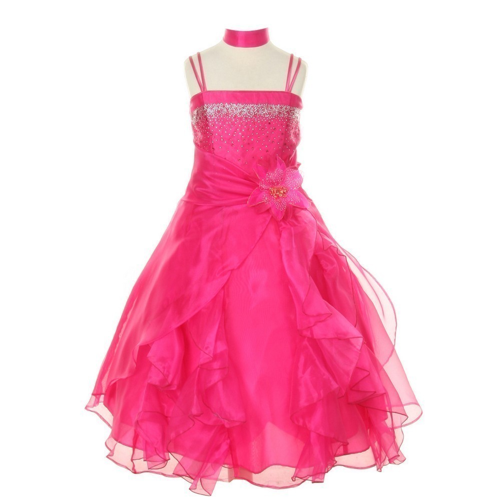 Little Girls Fuchsia Crystal Organza Cascade Ruffle Dress 2-6