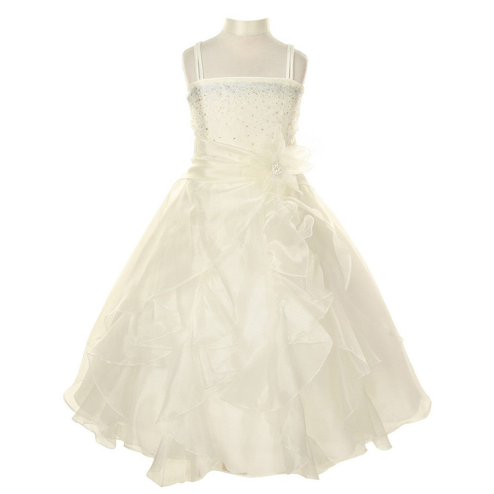 Big Girls Ivory Crystal Organza Cascade Ruffle Dress 8-14
