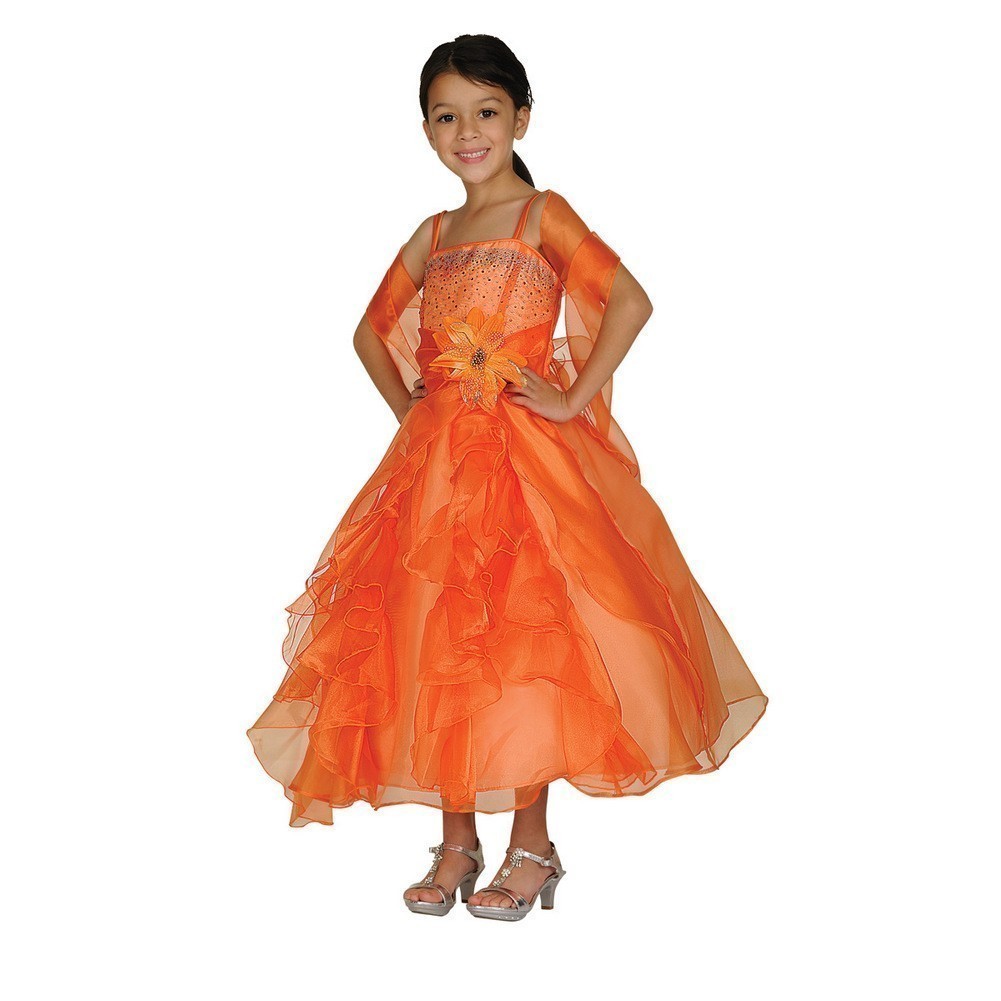 Big Girls Orange Crystal Organza Cascade Ruffle Dress 8-14