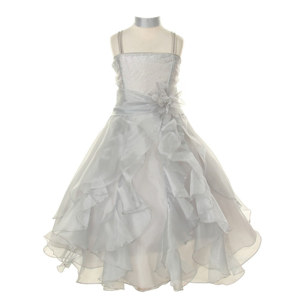 Big Girls Silver Crystal Organza Cascade Ruffle Dress 8-14