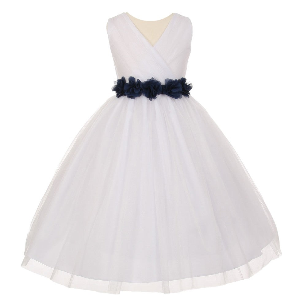 Big Girls White Navy Chiffon Flowers Tulle Junior Bridesmaid Dress 14