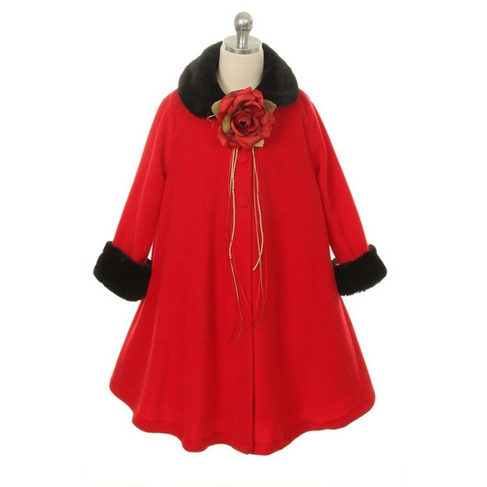 Red Fleece Faux Collar Cuff Stylish Coat Girls 2-12