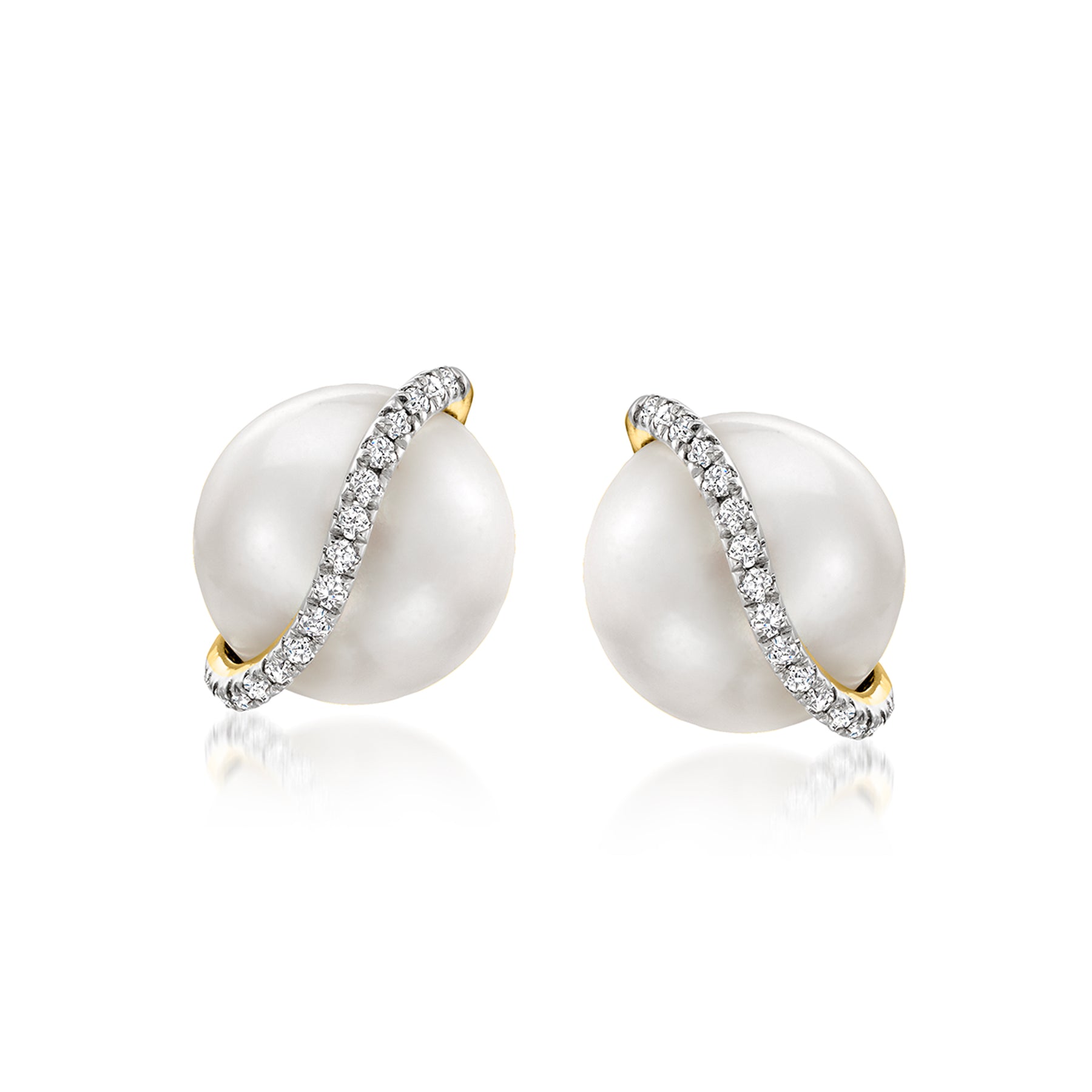 Ross-Simons 8-8.5mm Cultured Pearl Stud Earrings With Diamond Accents in 14kt Yellow Gold
