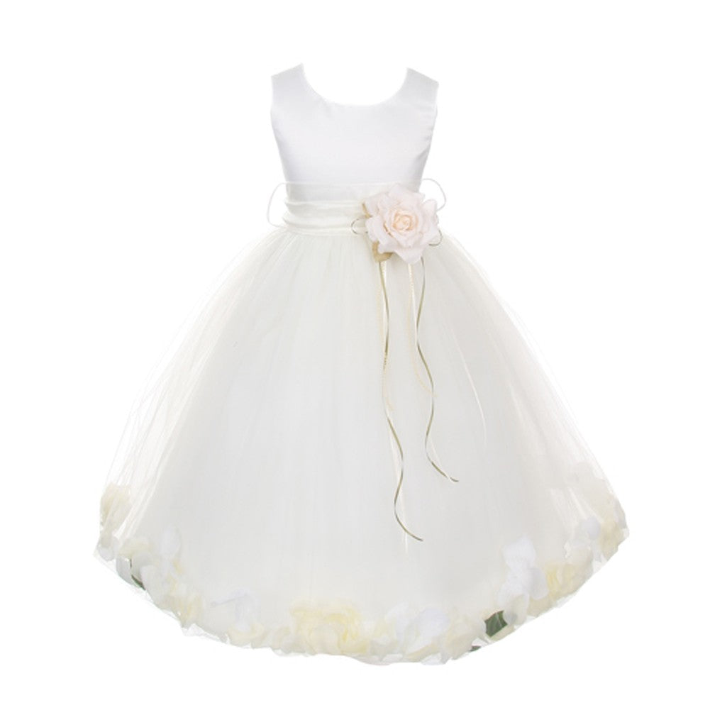 Little Girls White Satin With Ivory Sash Petal Flower Girl Dress 2-6