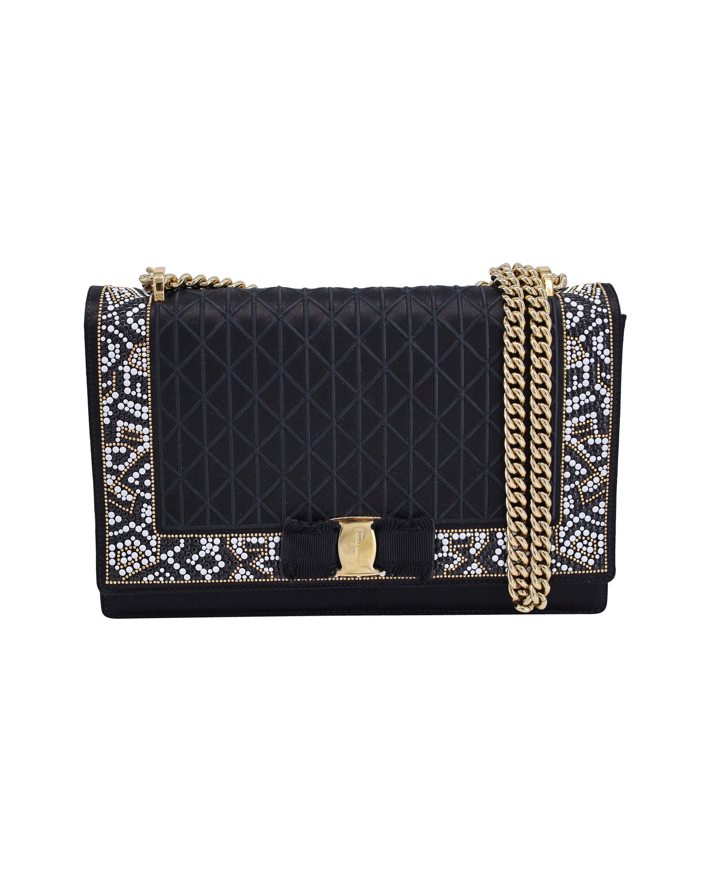 Salvatore Ferragamo Vara Bow Beaded Crossbody Bag in Black Satin
