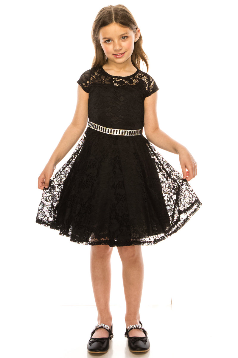 Little Girls Lace Glitter Stone Belt Special Occasion Skater Dress 2-6