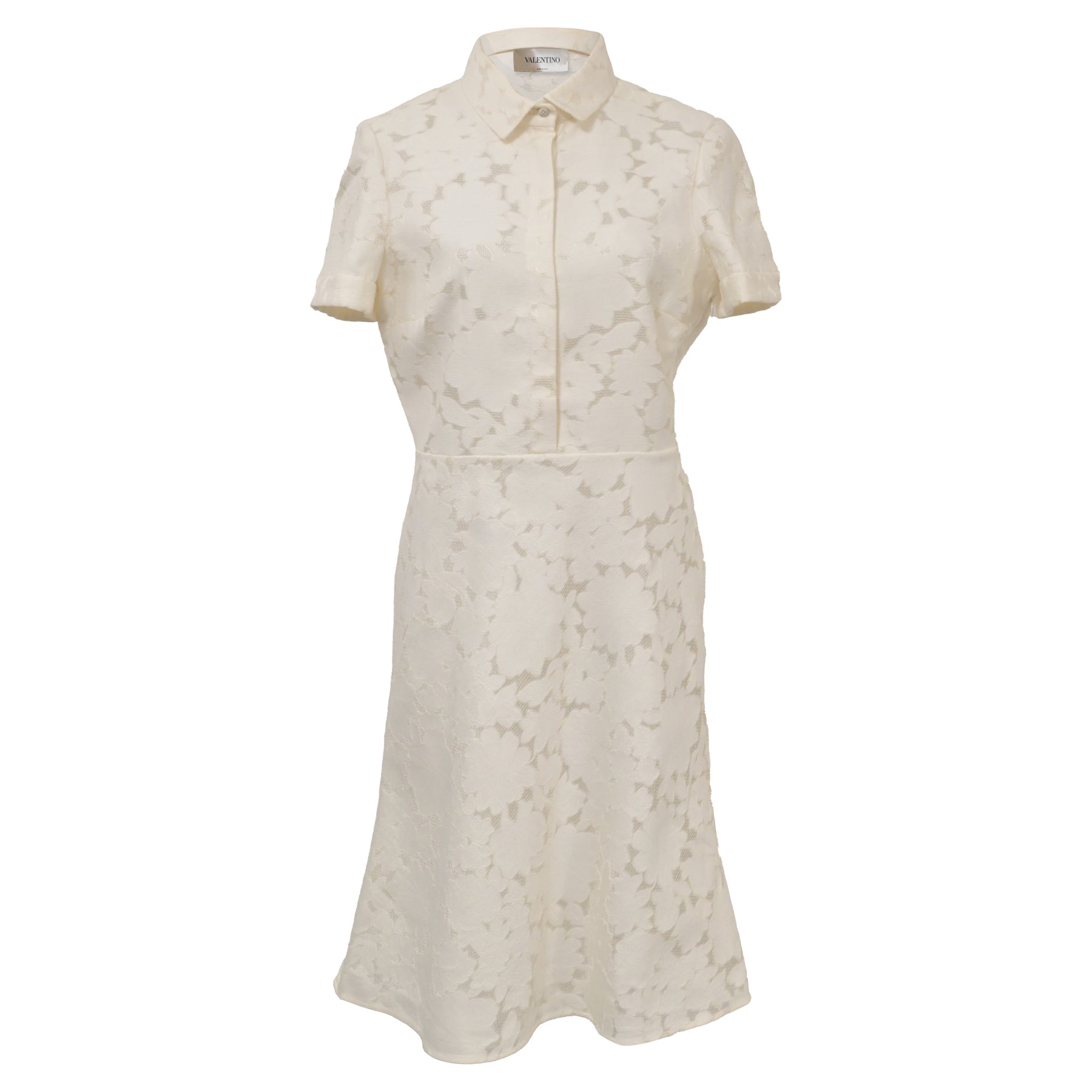 Valentino Garavani Midi Collared Floral Lace Dress in White Cotton 7802339131452