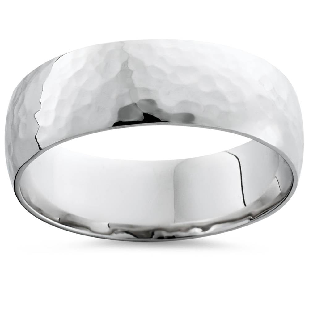Mens 7mm 14K White Gold Polished Hammered Wedding Ring Band Size Selectable 7802596884540