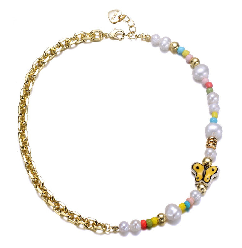 Kids 14k Gold Plated Multi Color Beads with Freshwater Pearls and a Butterfly Charm Necklace