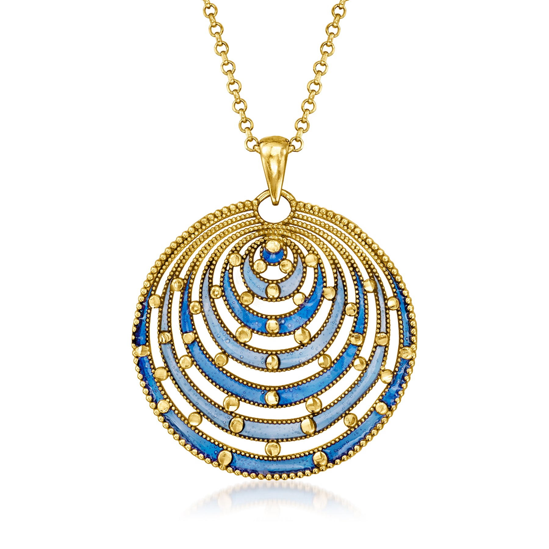 Ross-Simons Italian Blue Enamel Circle Pendant Necklace in 18kt Gold Over Sterling