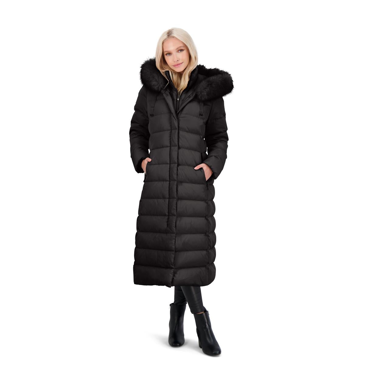 Nellie Long Coat for Women-Insulated Jacket with Removable Faux Fur Trim