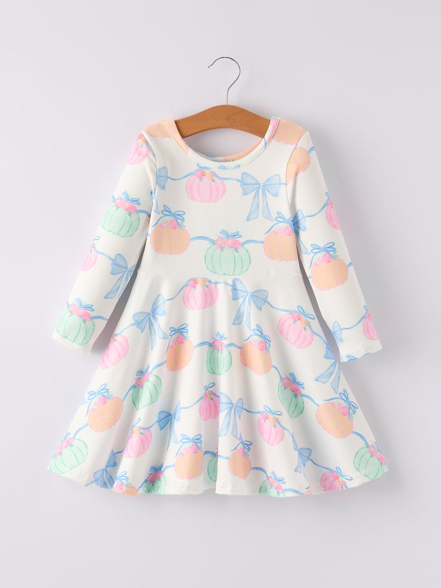 Fall Halloween & Thanksgiving Pumpkin Bow Print Long Sleeve Dress