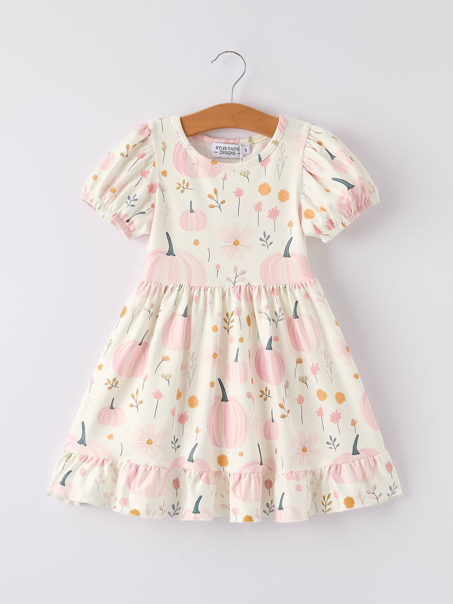 Fall Halloween & Thanksgiving Cute Pumpkin Print Girls Dress