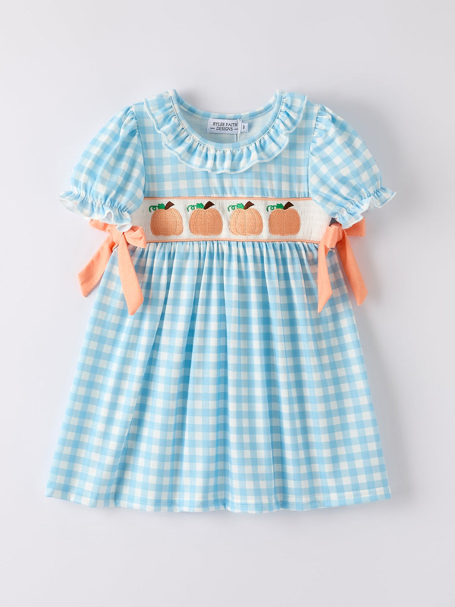 Fall Halloween & Thanksgiving Pumpkin Embroidery Smocking Blue Plaid Dress