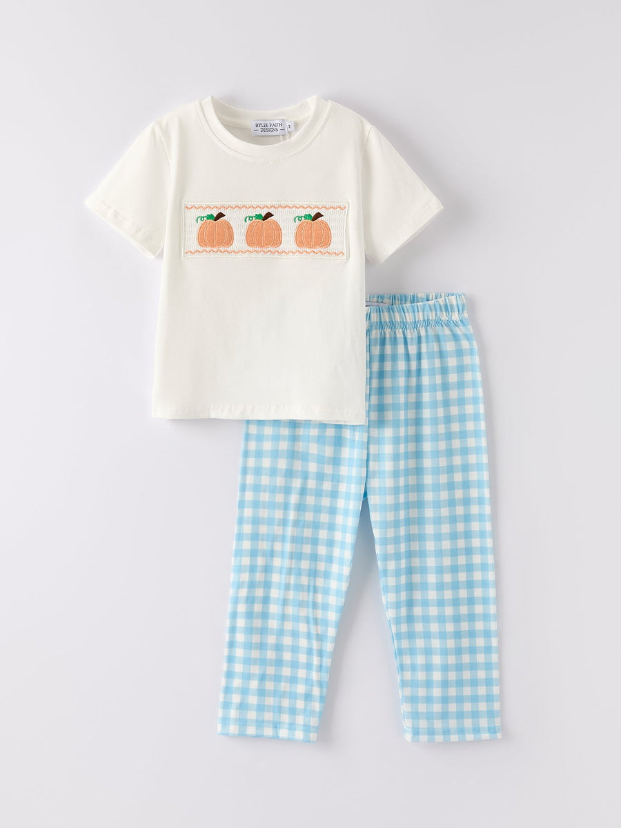 Boys Fall Halloween & Thanksgiving Pumpkin Embroidery Smocking Blue Plaid Set