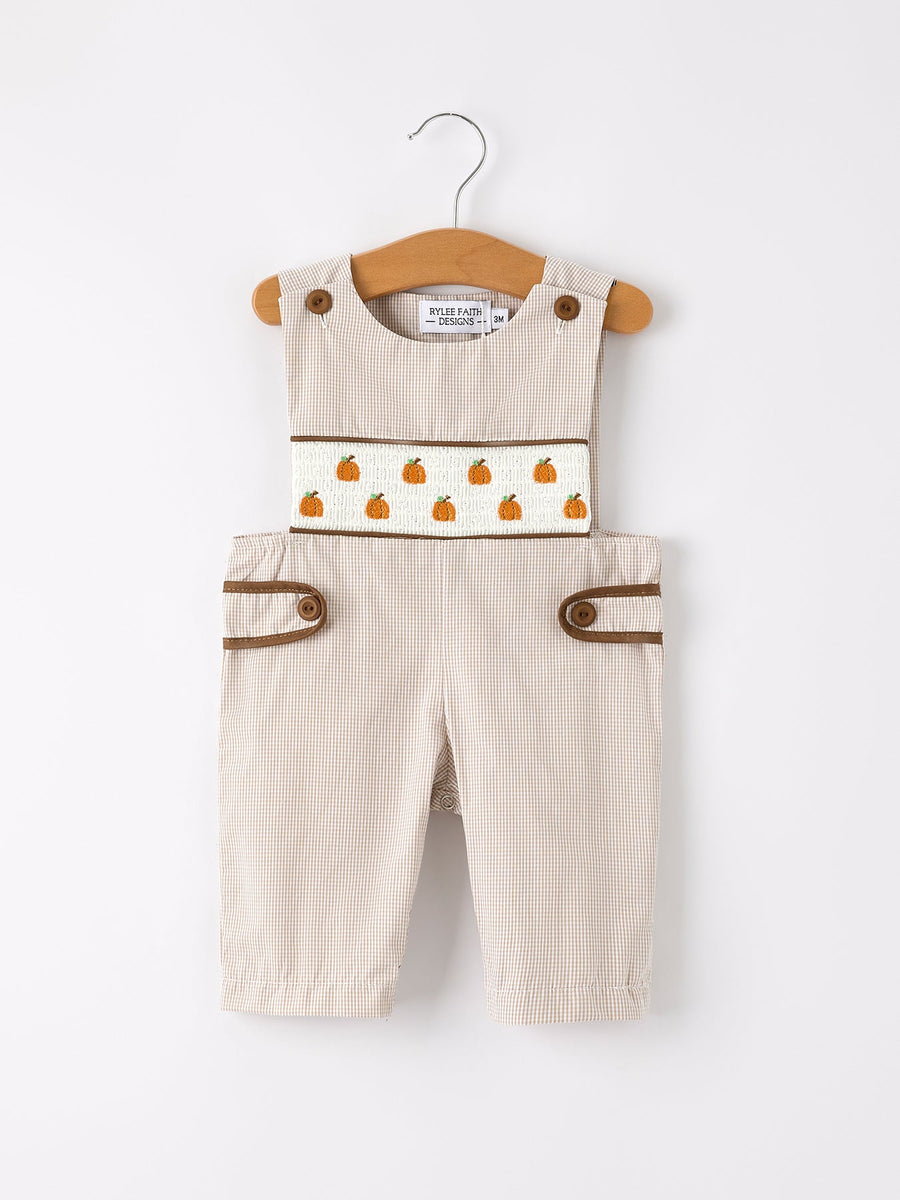 Fall Halloween & Thanksgiving Pumpkin Smock Embroidered Boys Romper