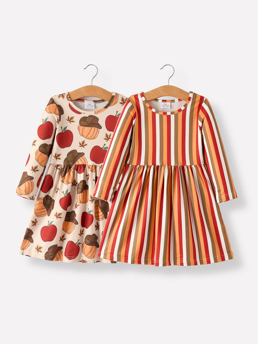 2 Piece Thanksgiving Pumpkin Stripe Print Girls Dress Set