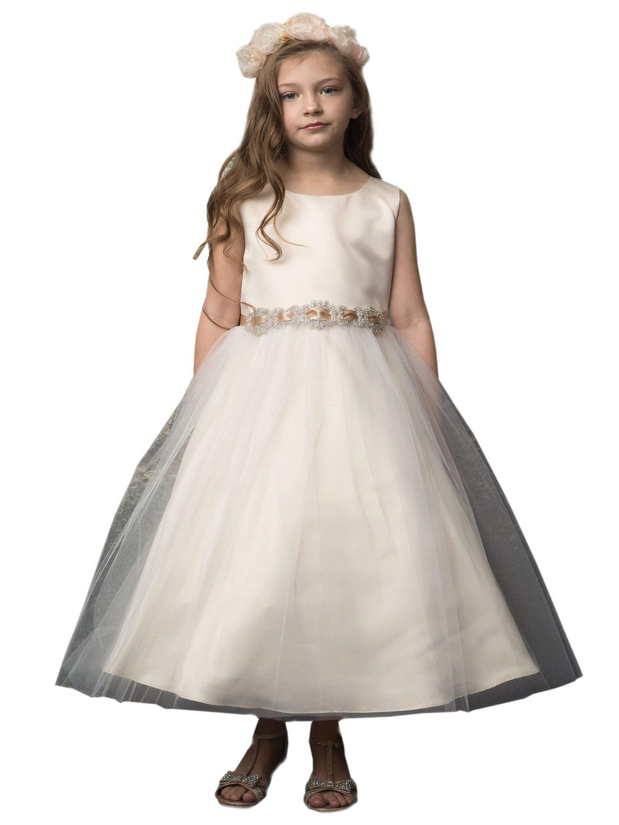 Big Girls Champagne Rhinestone Belt Tulle Skirt Satin Dress 8-16
