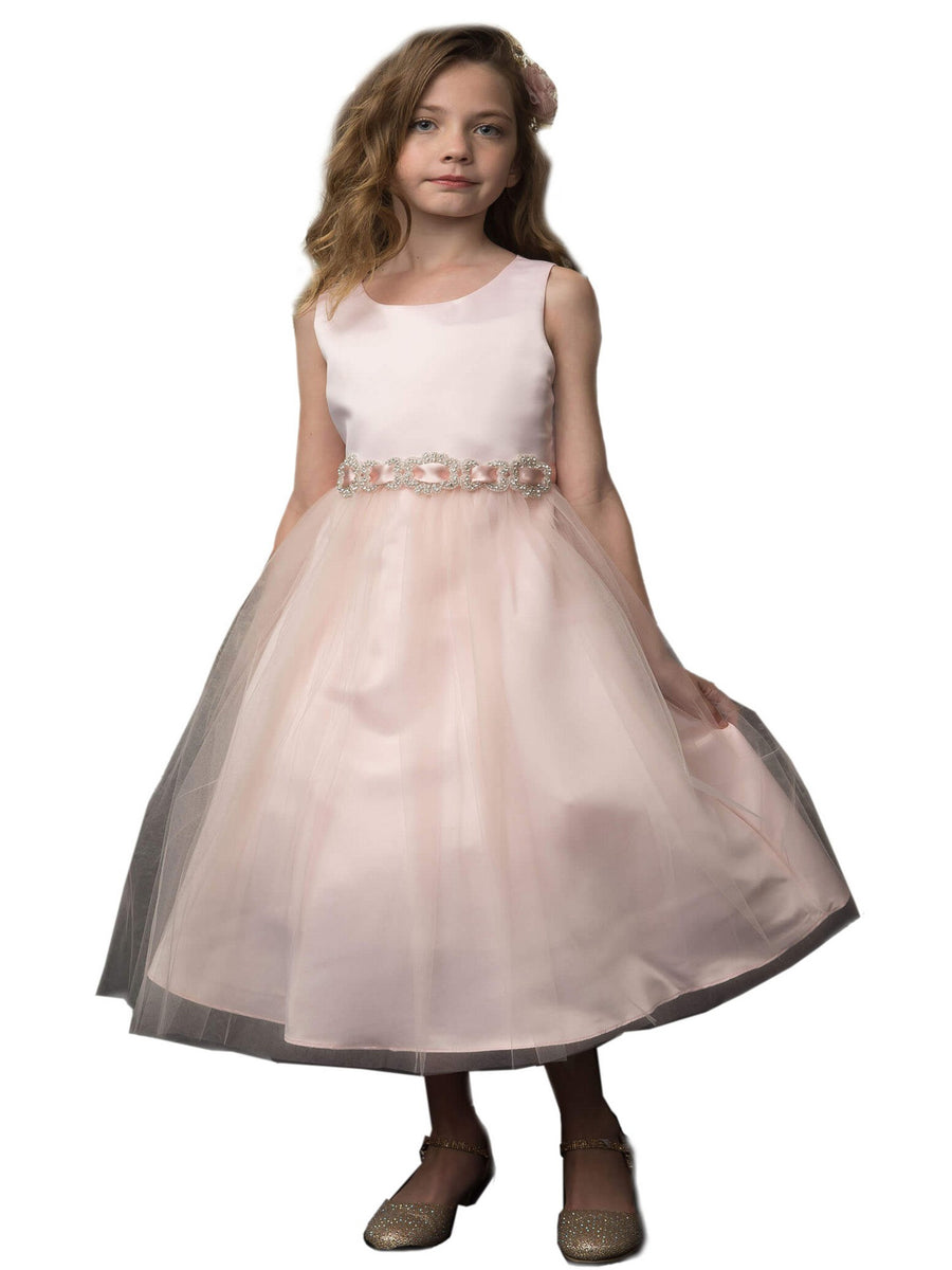 Big Girls Blush Rhinestone Belt Tulle Skirt Satin Dress 8-16