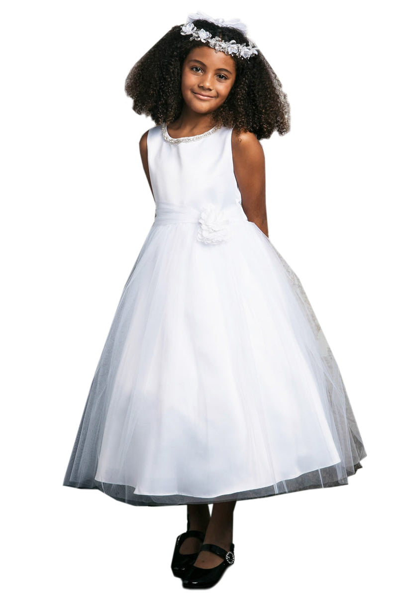 Girls White Rhinestone Neckline Satin Tulle Communion Dress 8