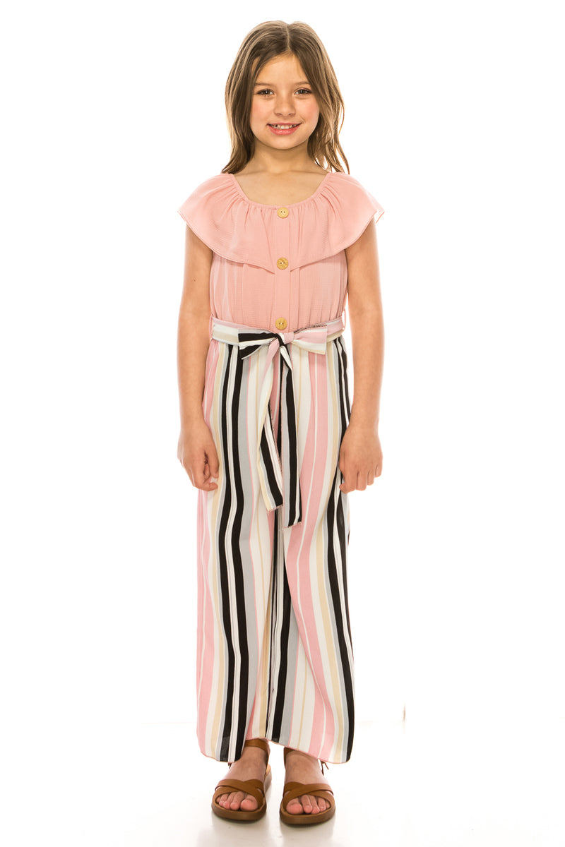 Girls Ruffle Off Shoulder Rose Striped Jumpsuit with Bow Tie, Sizes 4-14