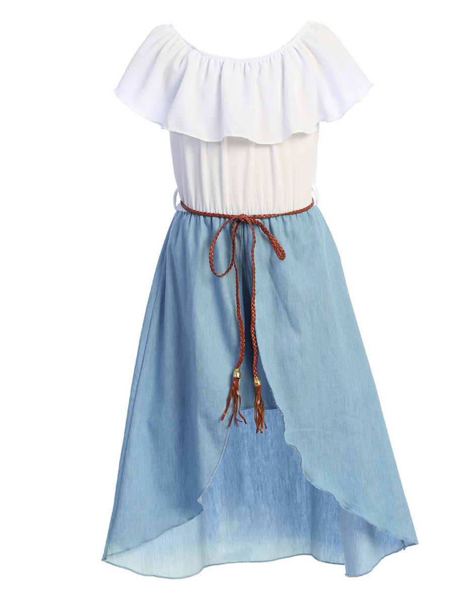 Girls Ruffle Off Shoulder Denim Jumpsuit with Brown Knitted Drawstring, Sizes 4-14