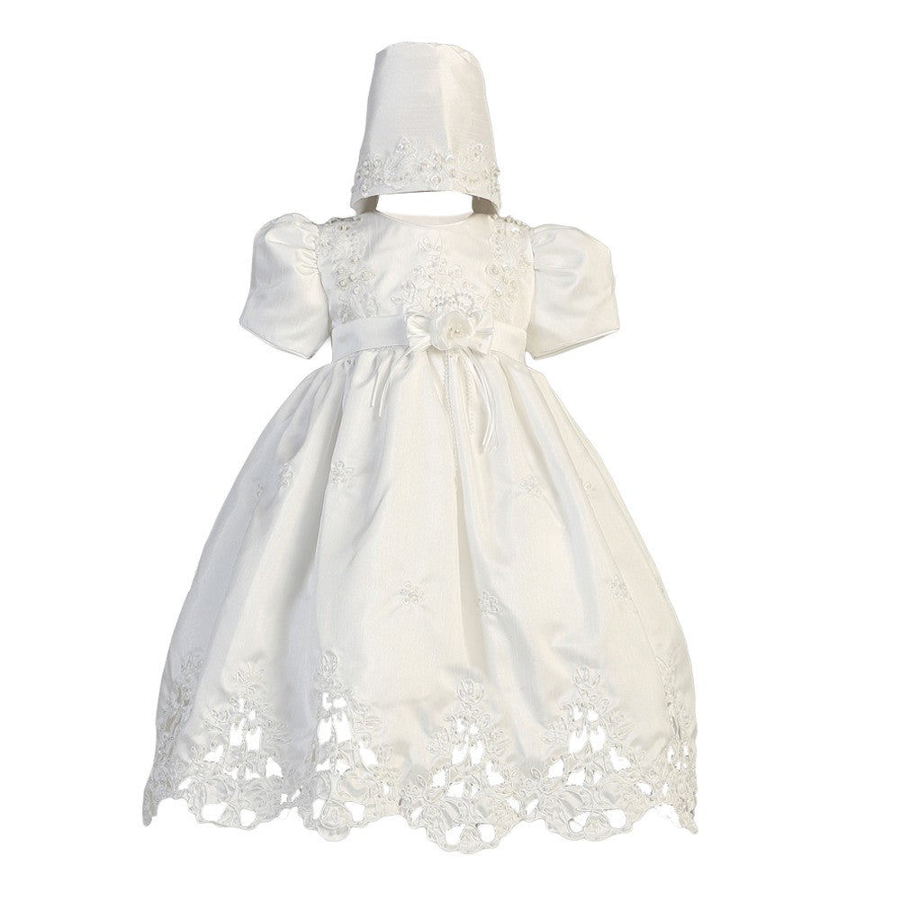 Baby Girls White Shantung Cutwork Dress Bonnet Christening Set 6-24M