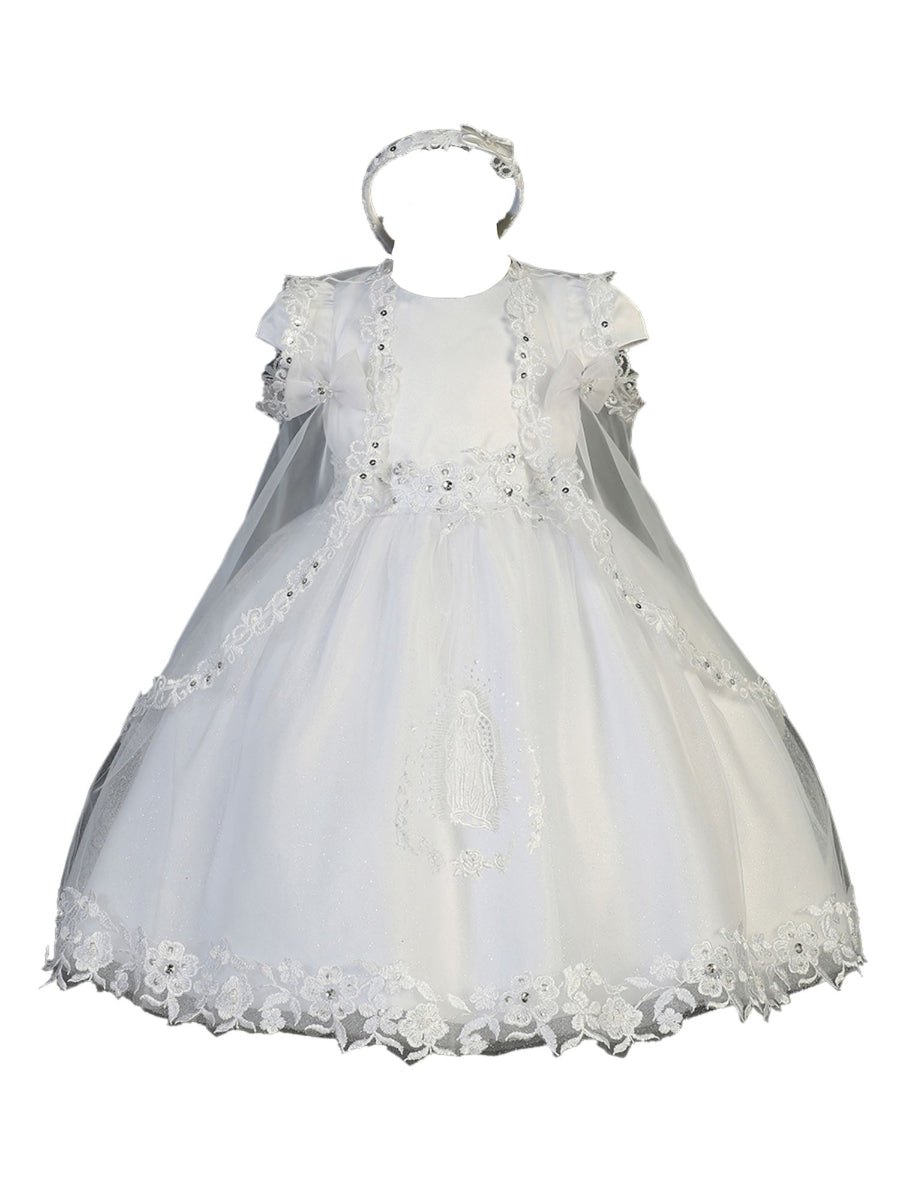 Girls White Floral Applique Embroidered Christening Dress, Sizes 0-6