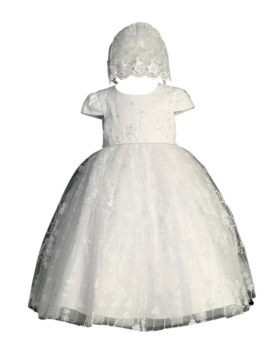 Girls White Lace Applique Rhinestone Bonnet Christening Gown Outfit, Sizes S-XL