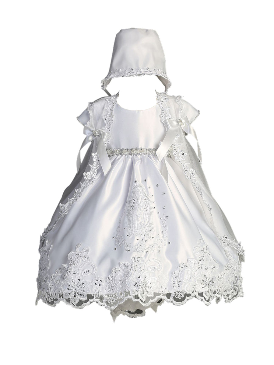 Girls Infant White Virgin Mary Embroidery Bonnet Gown Baptism Outfit, Sizes 0-24M