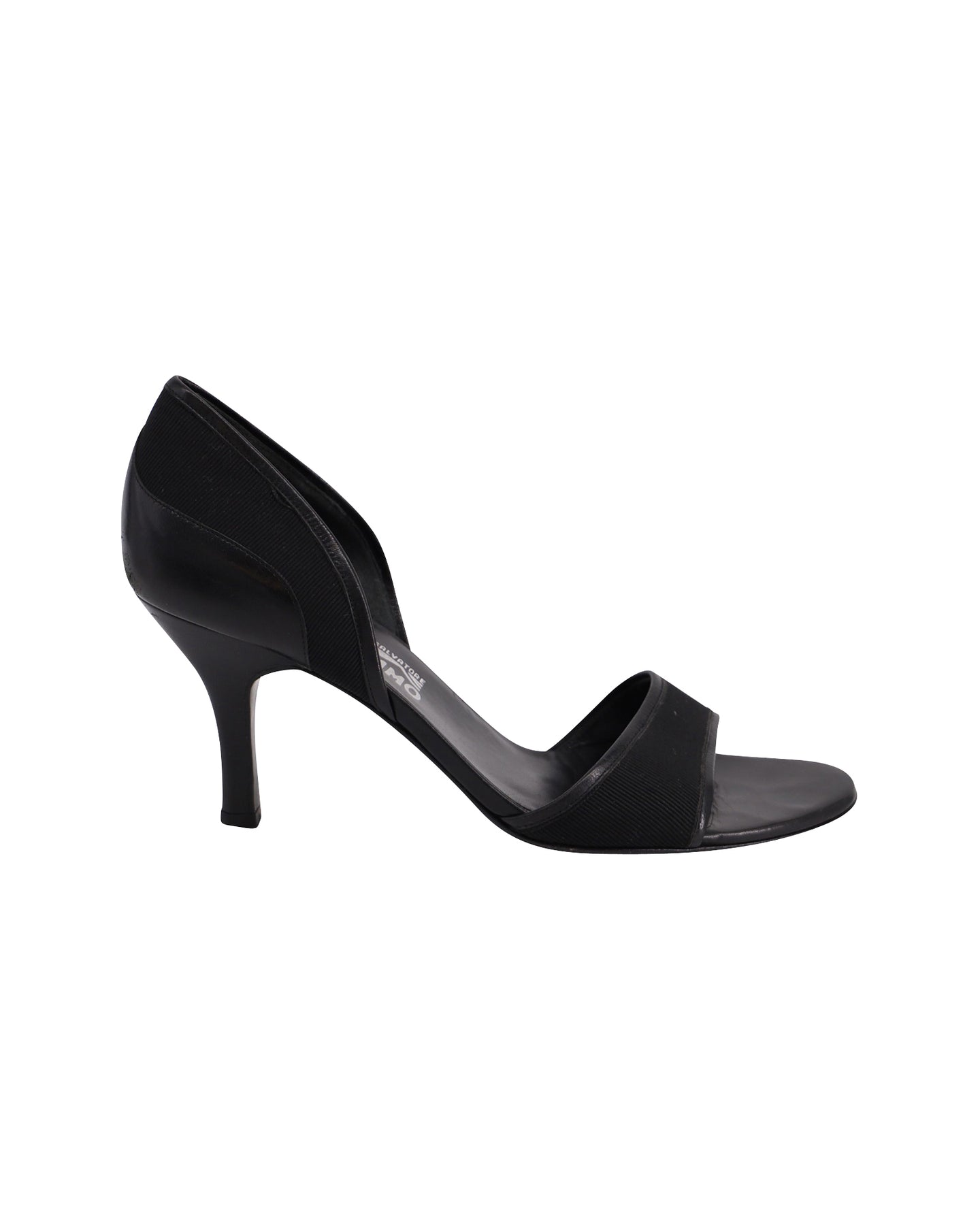 Salvatore Ferragamo Open Toe Mid Heel Pumps in Black Leather