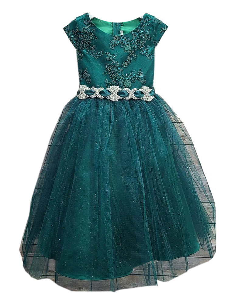Girls Hunter Green Embroidered Bodice Crystal Belt Gown 2-16