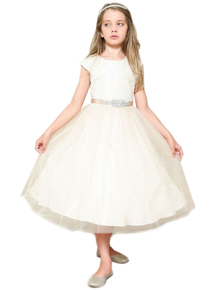 Girls Silk Embroidered Top Tulle Overlay Dress 2-16