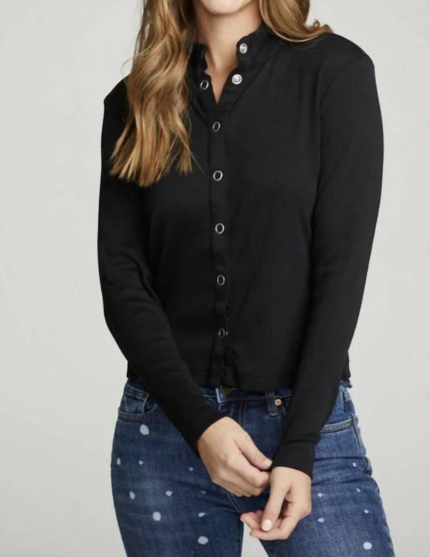 Long Sleeve Snap Front Mock Neck Tee True Black