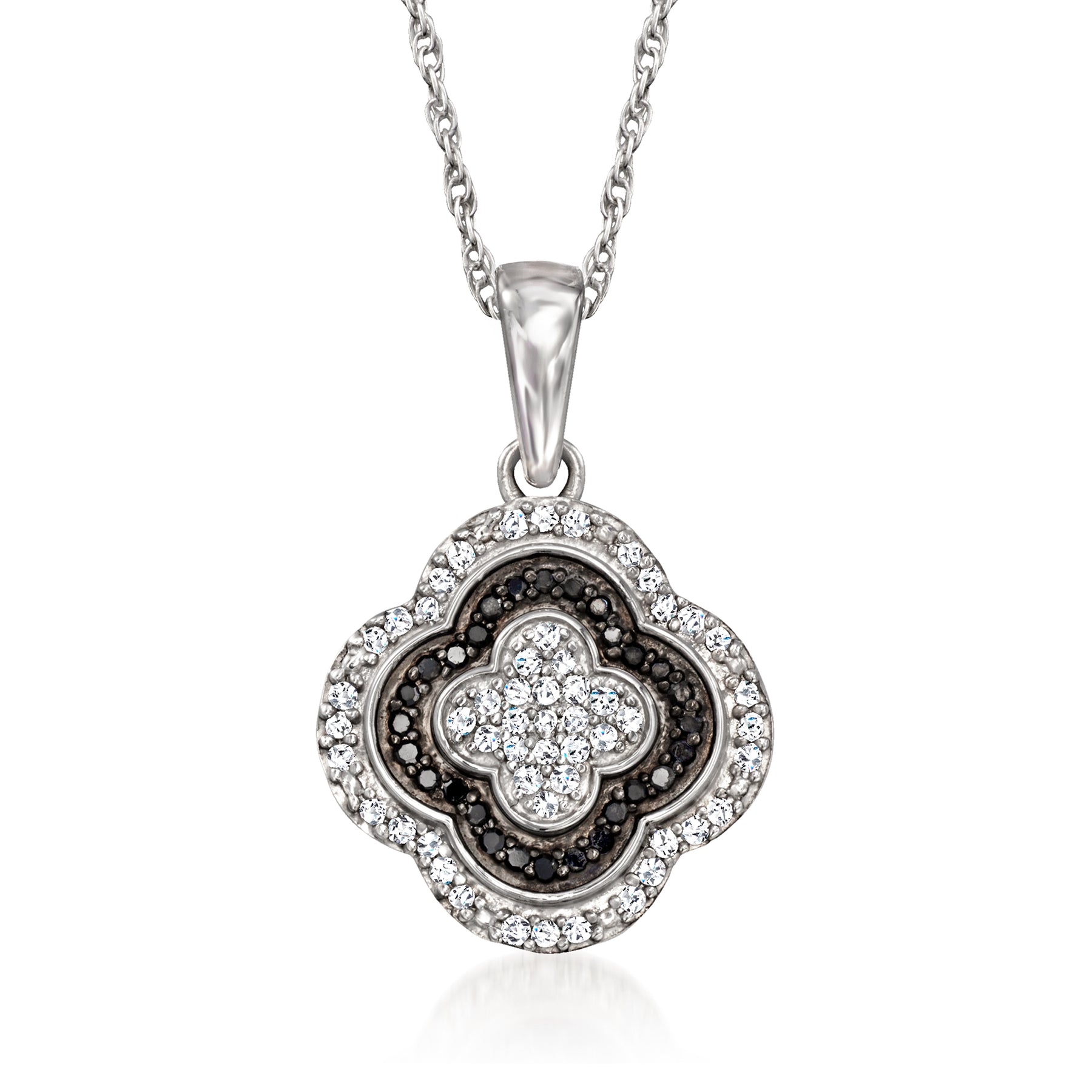 Ross-Simons Black and White Diamond Clover Pendant Necklace in Sterling Silver