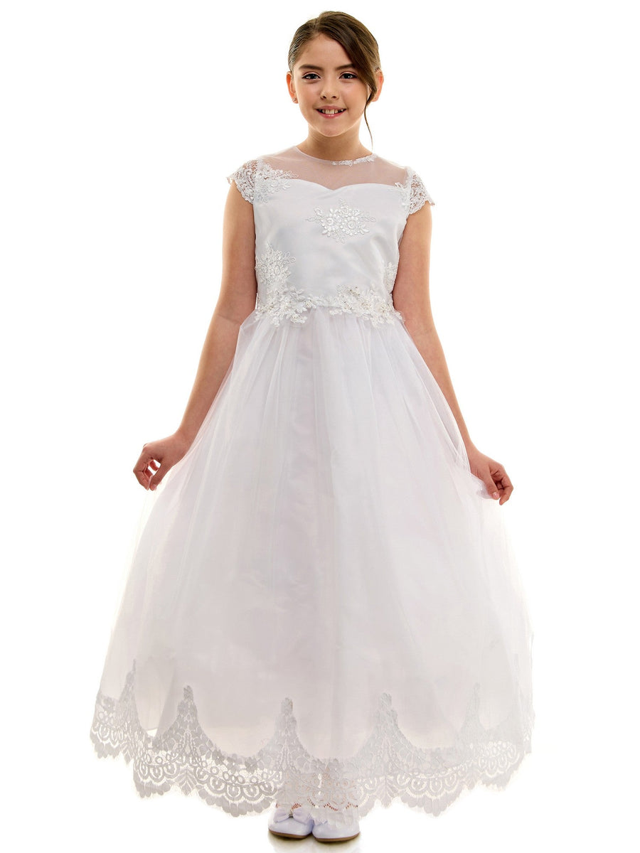 Big Girls White Lace Overlay Short Sleeve Communion Dress 16