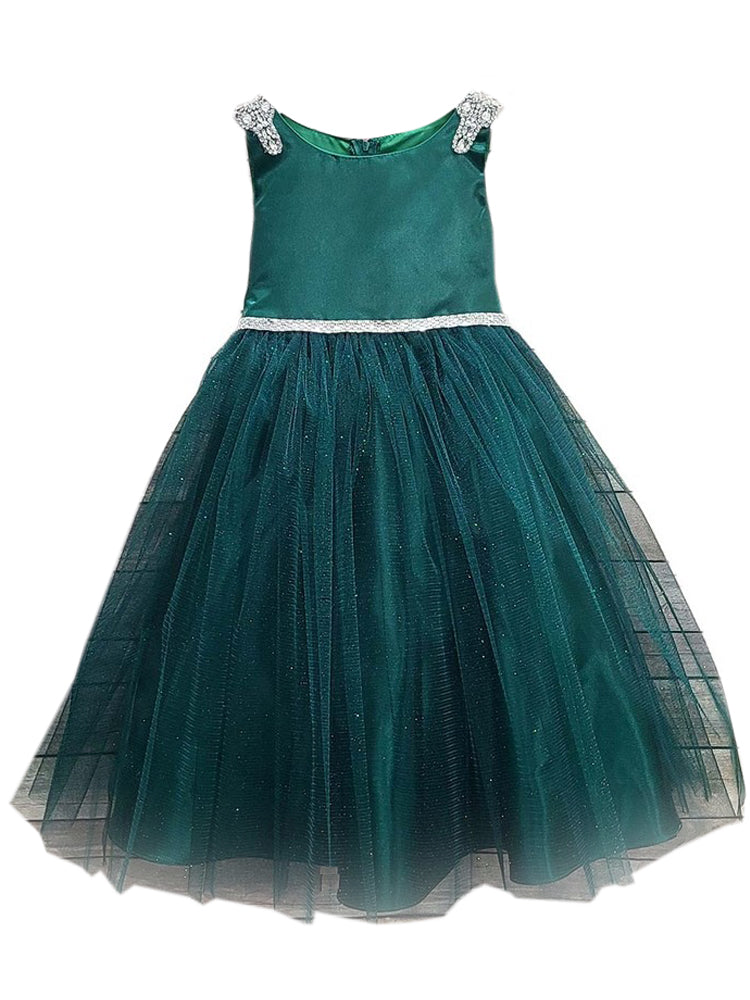Big Girls Hunter Green Beaded Shoulder Crystal Belt Gown 8-16