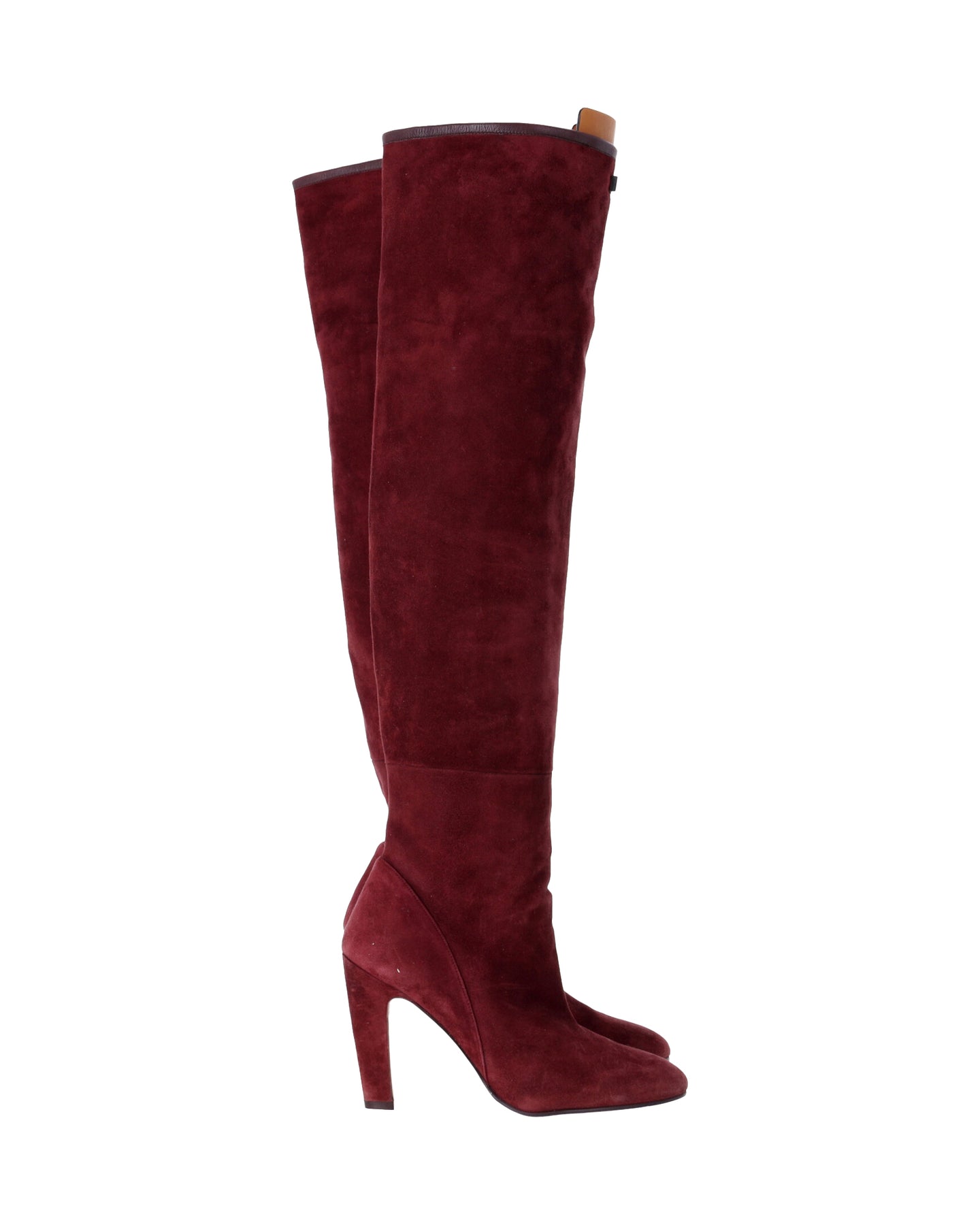 Stuart Weitzman Edie Leather Panel Stretch Knee High Boots in Red Suede 7745710194748